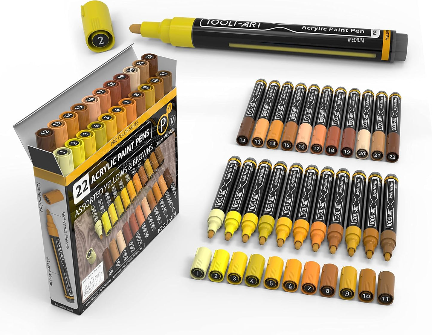 TOOLI-ART 22 Acrylic Paint Markers Paint Pens Pro Color Series Set 3mm Medium Tip for Rock Painting, Glass, Mugs, Wood, Metal, Glass Paint, Canvas, DIY. Non Toxic, Waterbased, Quick Drying (YELLOWS)