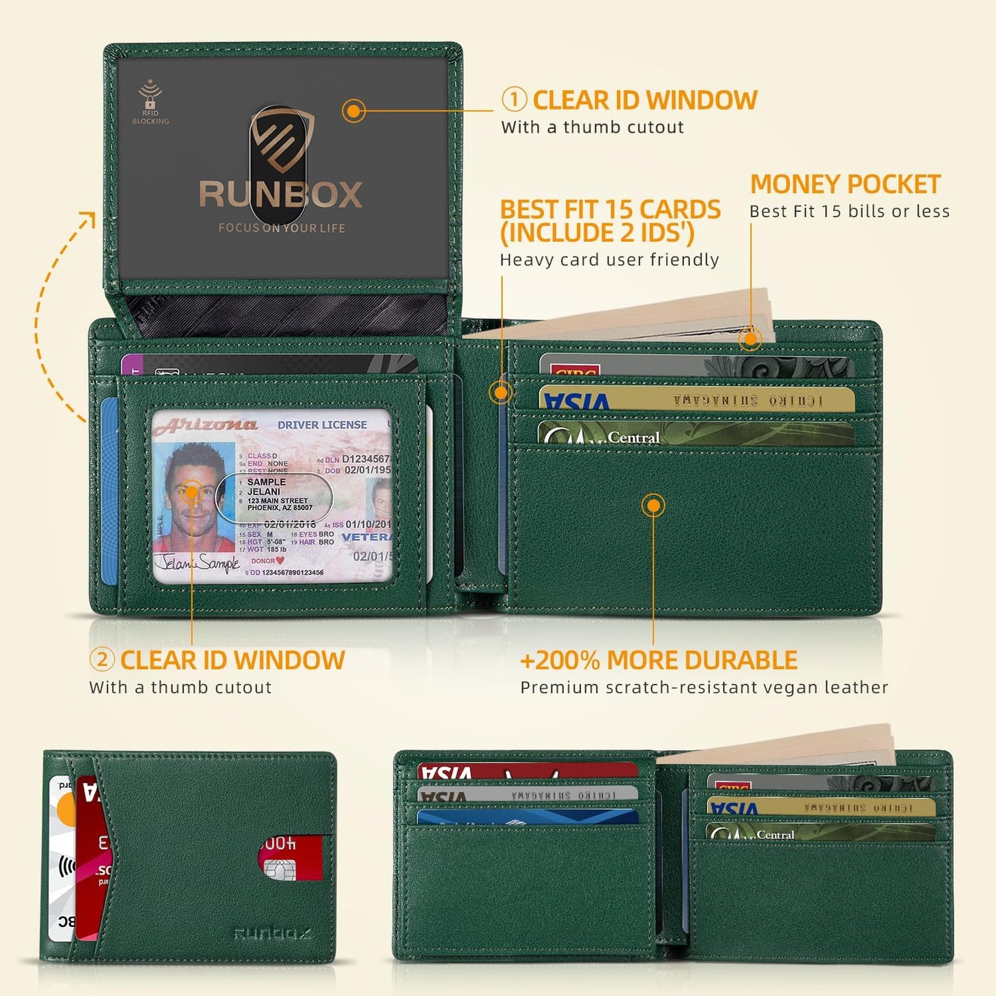RUNBOX Wallet for Men Slim Rfid Leather 2 ID Window With Gift Box