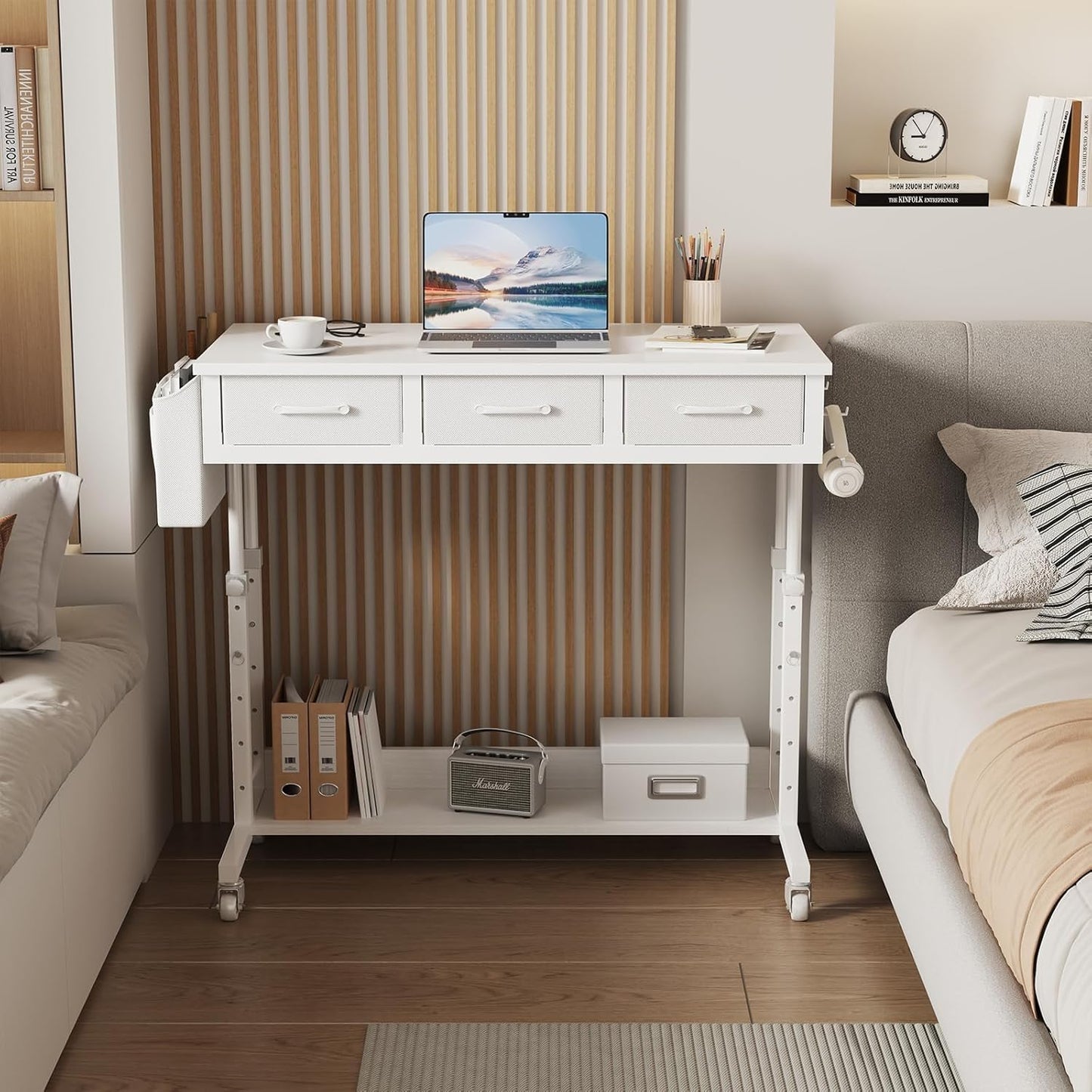 White Portable Rolling Computer Desk - 40 Inch Adjustable Mobile Standing Teacher Desks with 3 Fabric Drawers on Wheels, Couch Sofa Side Laptop Stand Up Table with Storage for Home Office, White