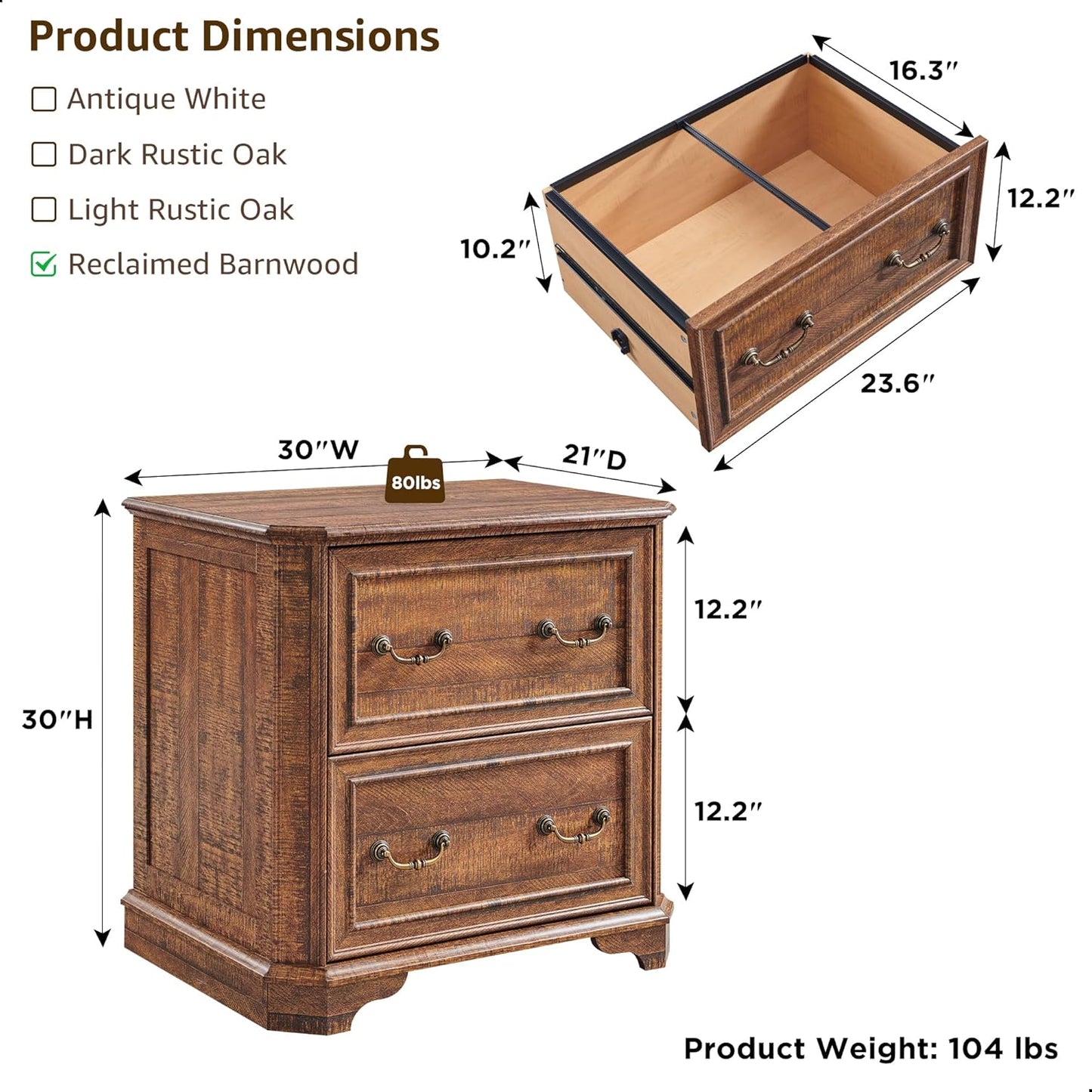 T4TREAM 2 Drawer File Cabinet Set of 2, 30" Wide Wooden Extended Desktop, Farmhouse Filing Cabinet with Smooth Rails, Holds Letter/Legal/A4, Hexagonal Design & Framed Drawer Fronts, Reclaimed Barnwood