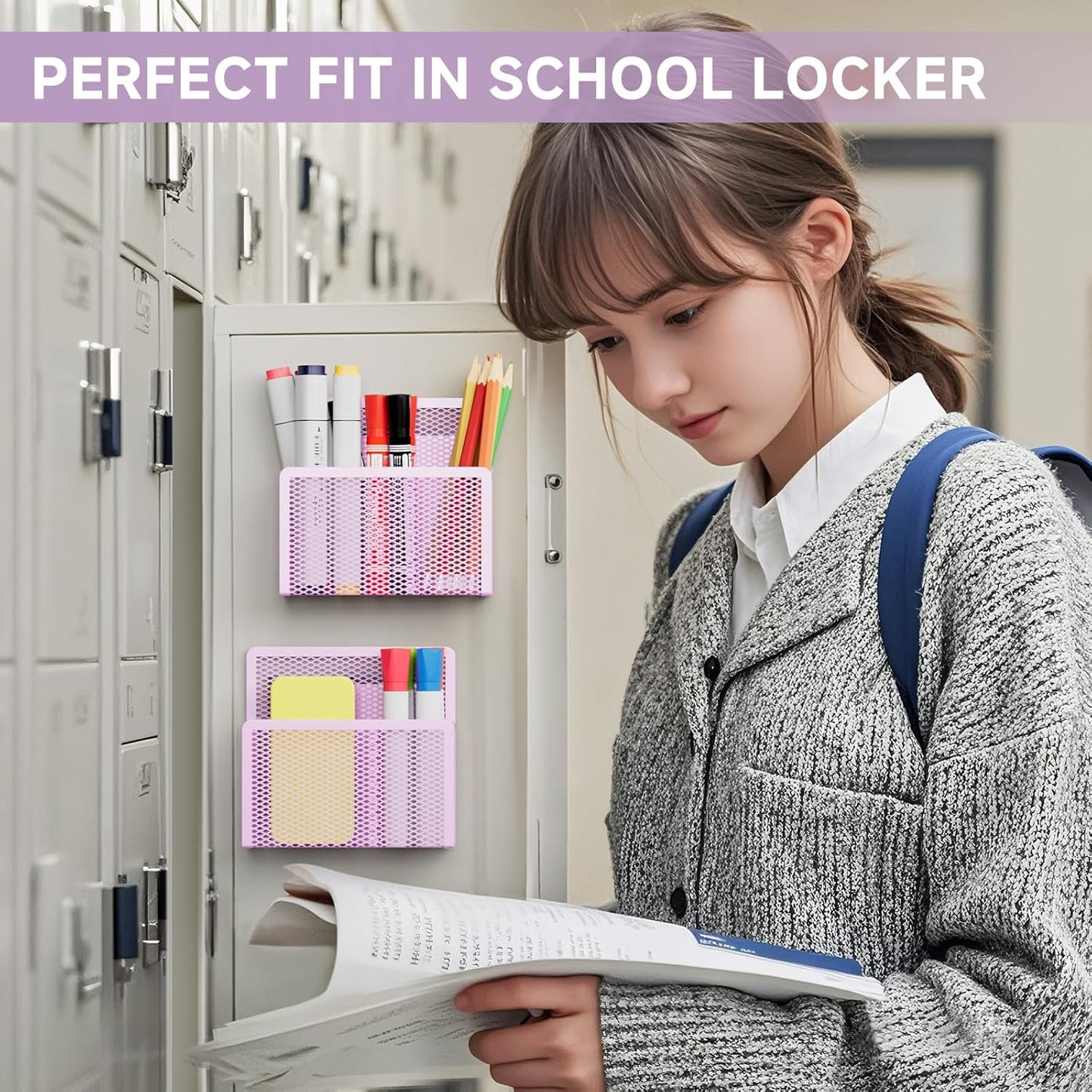 Magnetic Dry Erase Marker Holder, Mesh Pen Holder for Whiteboard，Magnet Pencil Organizer Storage for Refrigerator Locker Accessories Organizer for Home, School and Office(Purple)