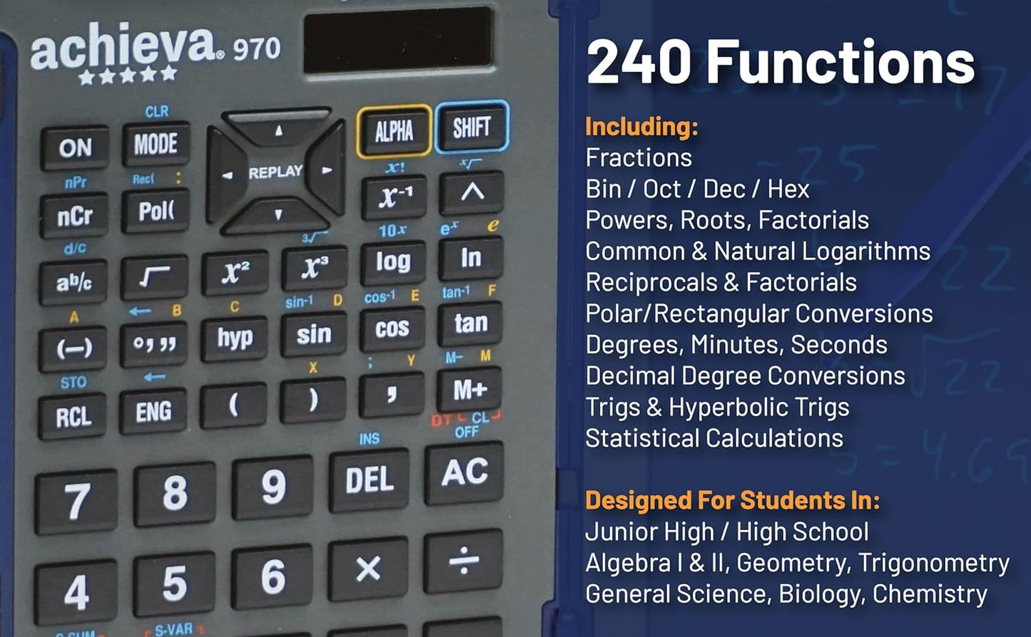 Achieva Scientific Calculator with Erasable LCD Writing Tablet | 2-Line Display | Dual Solar & Battery Power | for Students in Middle School, High School (970)