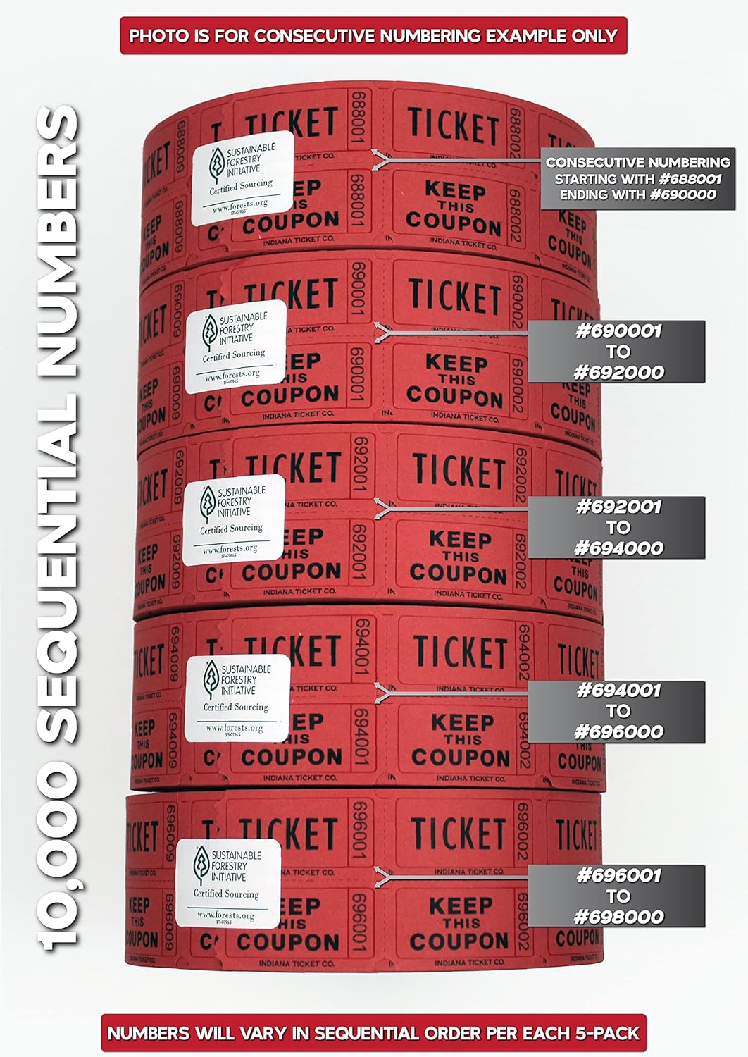 INDIANA TICKET CO. 10,000 Red CONSECUTIVELY Numbered Raffle Ticket Roll. 5 Rolls of 2,000, for Classroom Rewards, Events, Fundraisers, Door Entry, Raffles, Prizes, Drink/Food Tickets, & More