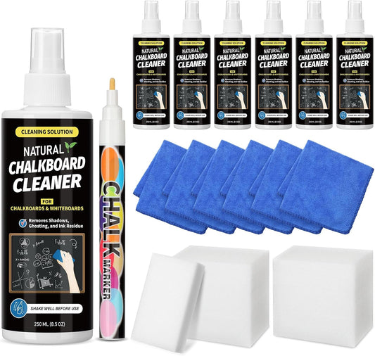 6 Sets Chalkboard Cleaner Spray and Eraser Kit 8oz Dry Erase Board Cleaner Spray Microfiber Cleaning Cloths with Sponge Erasers Liquid Chalk Markers for Whiteboard Blackboard Dry Erase Board