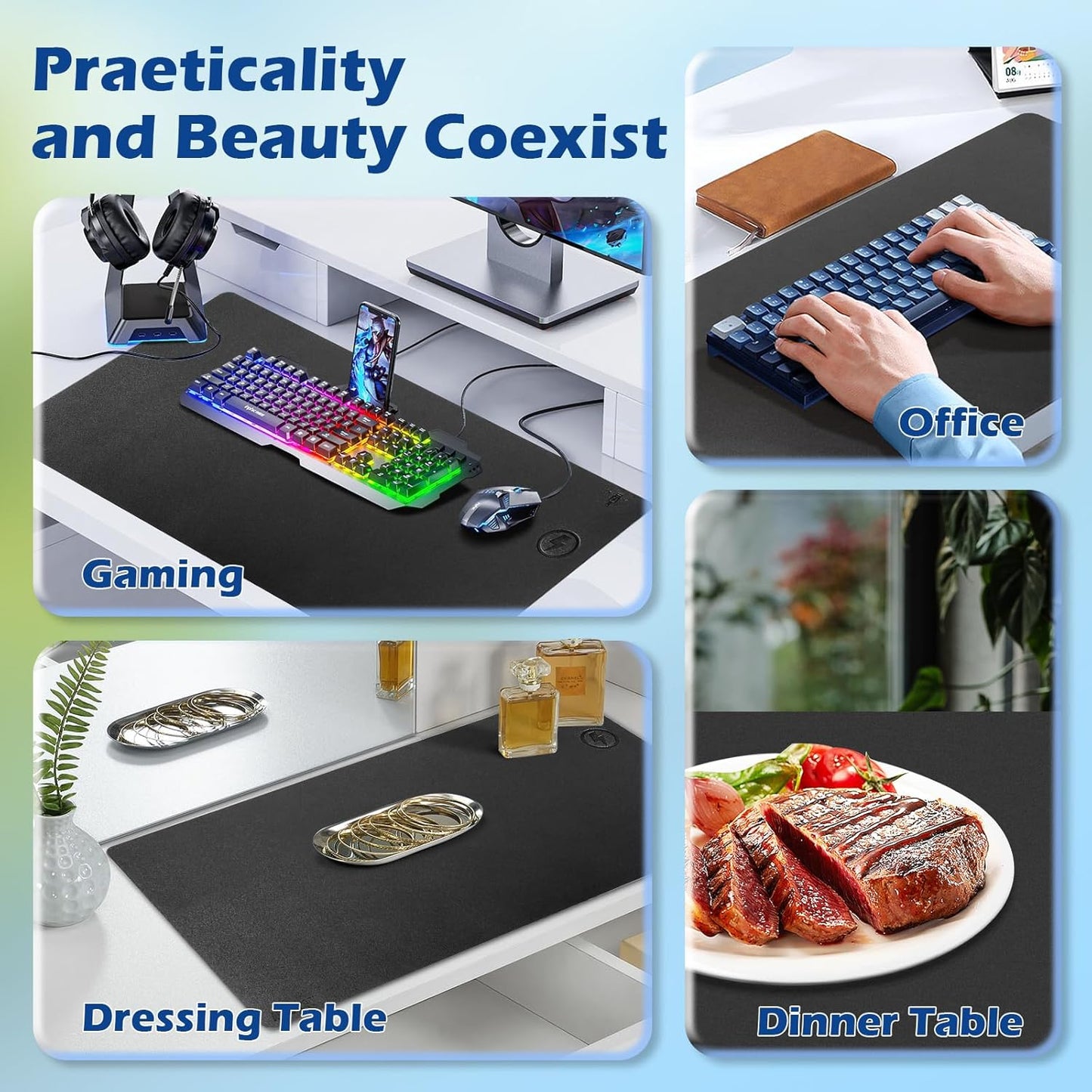 Wireless Charging Desk Mat with Desk Pad for Desktop Charging Large Mouse Pad Waterproof Leather Computer Mat Mouse Pad Non-Slip Protector on Top of Desks for Keyboard and Mouse (black-r, 36*17inch)