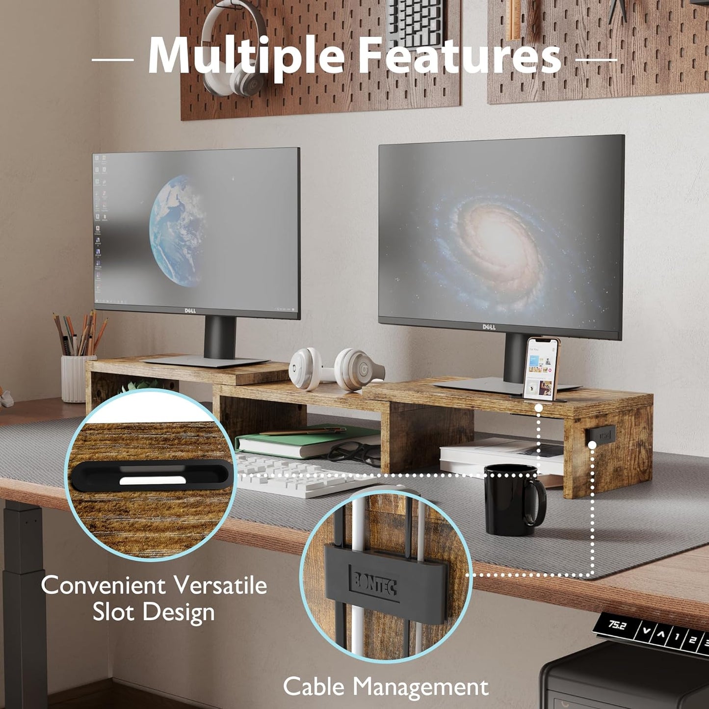 BONTEC Dual Monitor Stand Riser with Smartphone Holder, Adjustable Length & Swivel Angle, Ergonomic Wooden Desktop Organizer for PC Monitor, Laptop, Printer, Large Storage, Rustic Brown