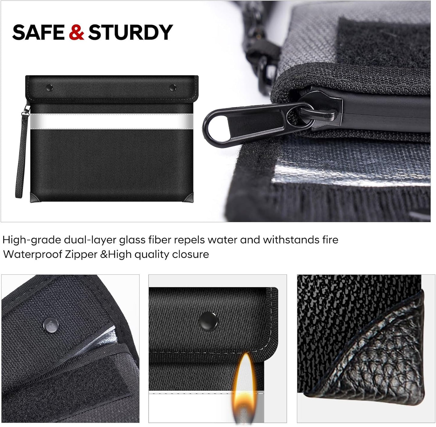 Fire Proof Money Bag for Cash 5200℉ Heat Insulated,Fireproof Waterproof Document Pouches with Double-Sided Reflective Strip,Money Envelopes for Cash,Valuables,Jewelry(11"x7.7",Black)