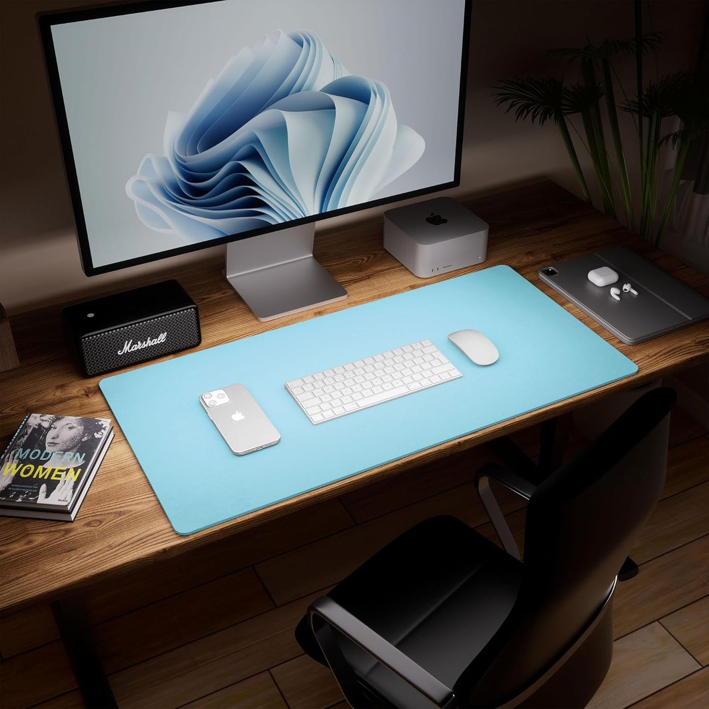 Aothia Double-Sided Desk Pad – 35.4" x 15.7" Leather Desk Mat with Eco Cork Protector, Large Mouse Pad, Waterproof Desk Blotter for Office/Home (Blue Topazn)