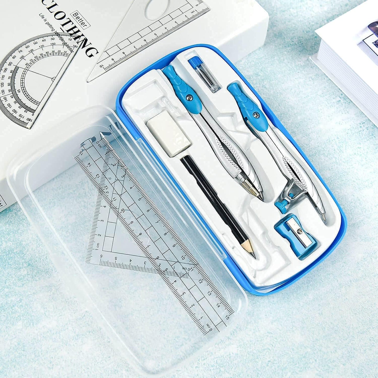 Lifreer Geometry Set,10 Pcs Protractor and Compass Set, Math and Ruler Set for Students, Class Supplies, and School - Essential Compass Geometry Tools for Precision and Quality (Blue)