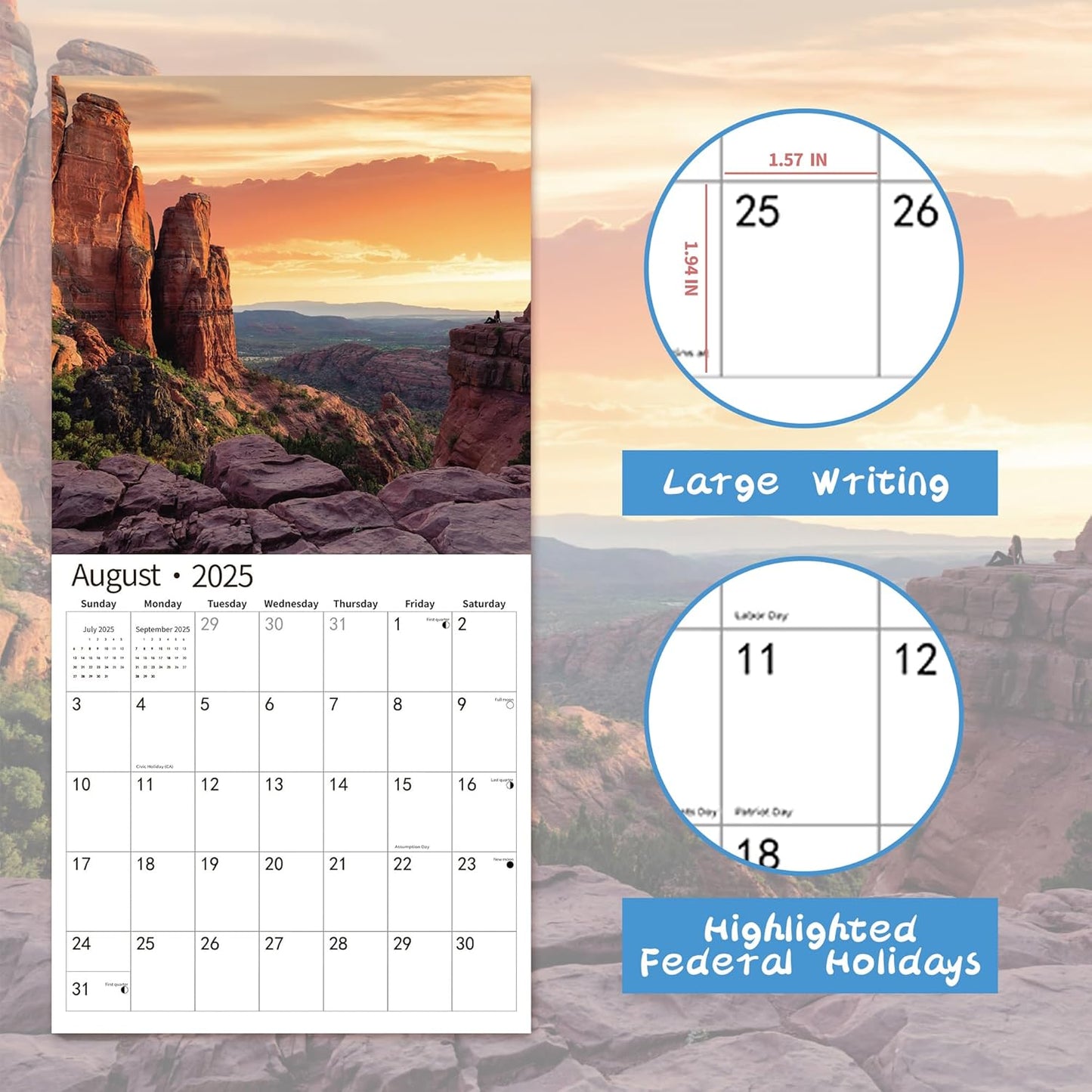 2025 Wall Calendar,Calendar 2026, July 2025 - December 2026, Wall Calendar Sunset, 12" x 24" Opened,Full Page Months Thick & Sturdy Paper for Gift Perfect Calendar Organizing & Planning