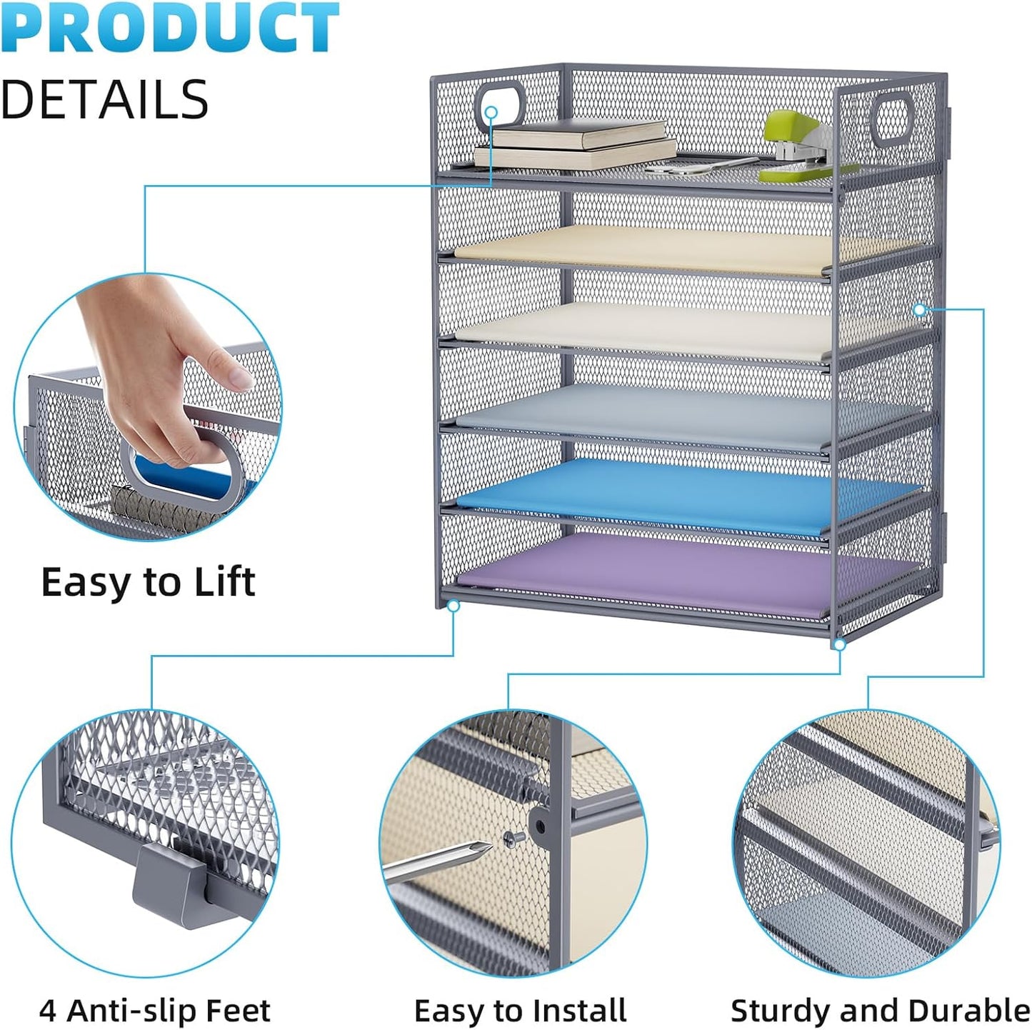 Marbrasse 6 Tier Paper Organizer Letter Tray - Mesh Desk File Organizer with Handle, Paper Sorter for Letter/A4 Office File Folder Holder - Grey