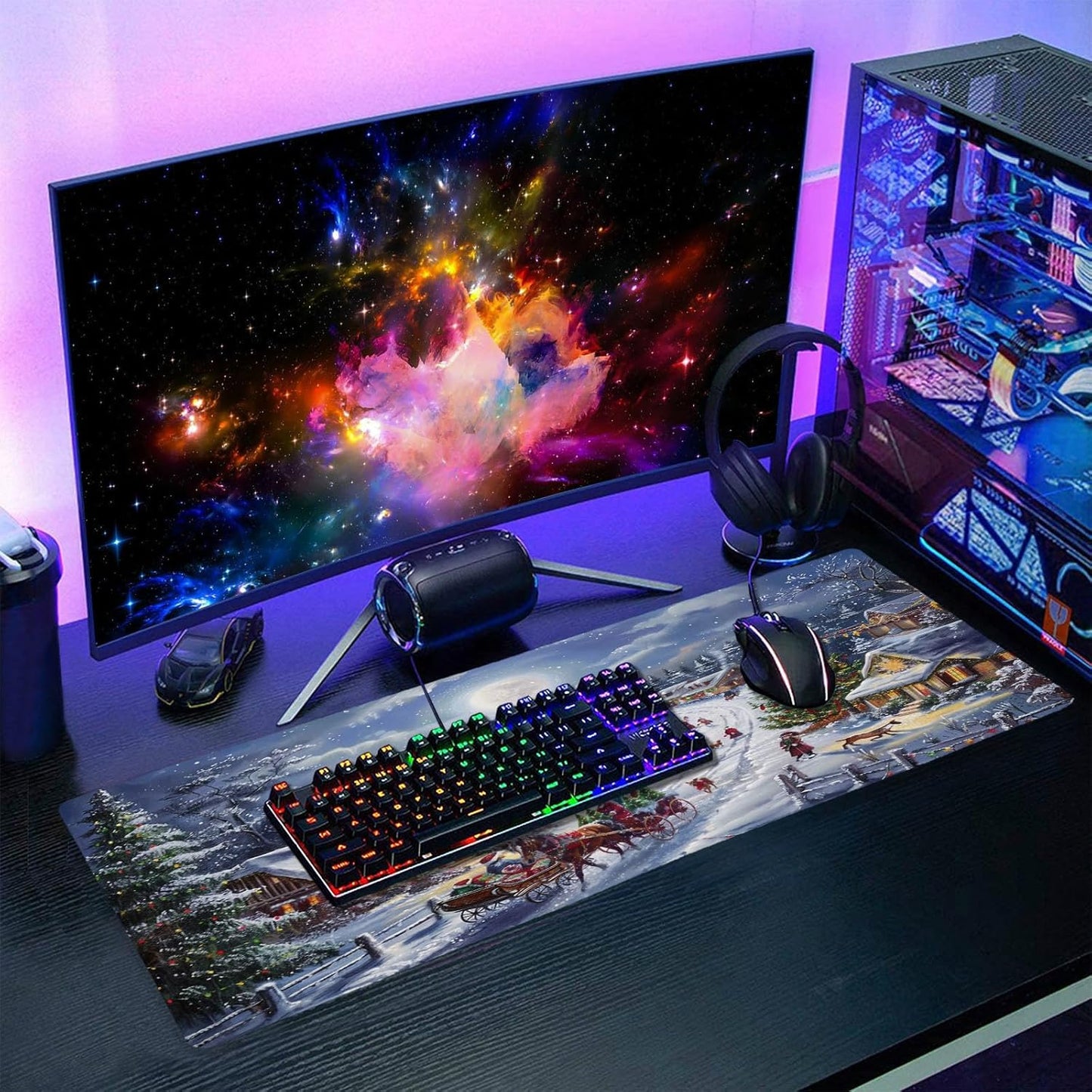 Christmas Gaming Mouse Pad XL Xmas Tree Deer Snowflake Extended Winter Holiday Large Mat Mousepad Desk Pad Non-Slip Rubber Base Stitched Edge Long Keyboard Pad for Computer,31.5×11.8 Inch