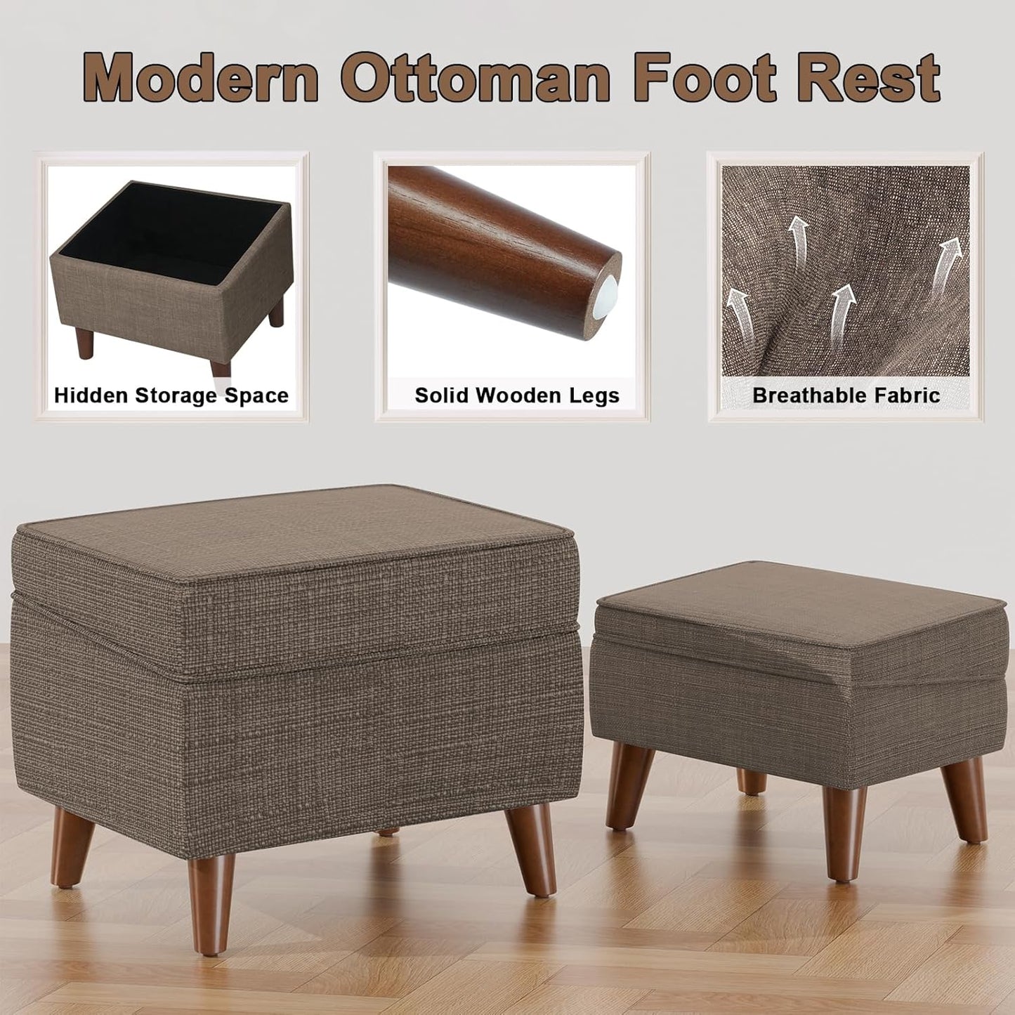 Foot Rests with Adjustable Cover, BOGO, Storage Ottoman Dorm, Footstool and Sitting Stool, Ottoman Foot Stool Set for Living Room, Bedroom, Dorm, Brown