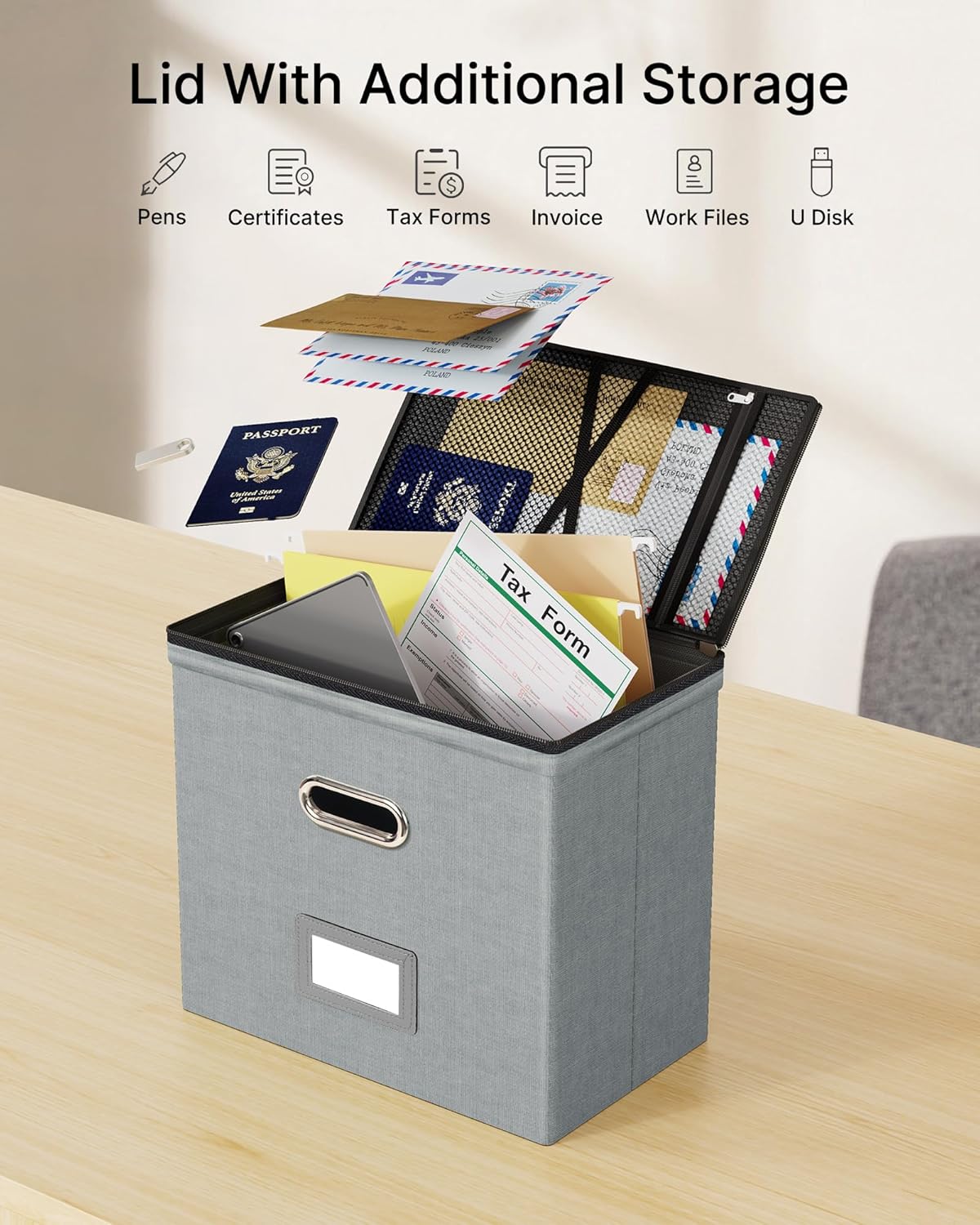 Oterri 2 Pack File Organizer Boxes with Lids, File Box with Mesh Pockets, Document Organizer Box for File Folders Letter Size, Zippers Filing Box for Home, Office, School (Grey, Without Folders)