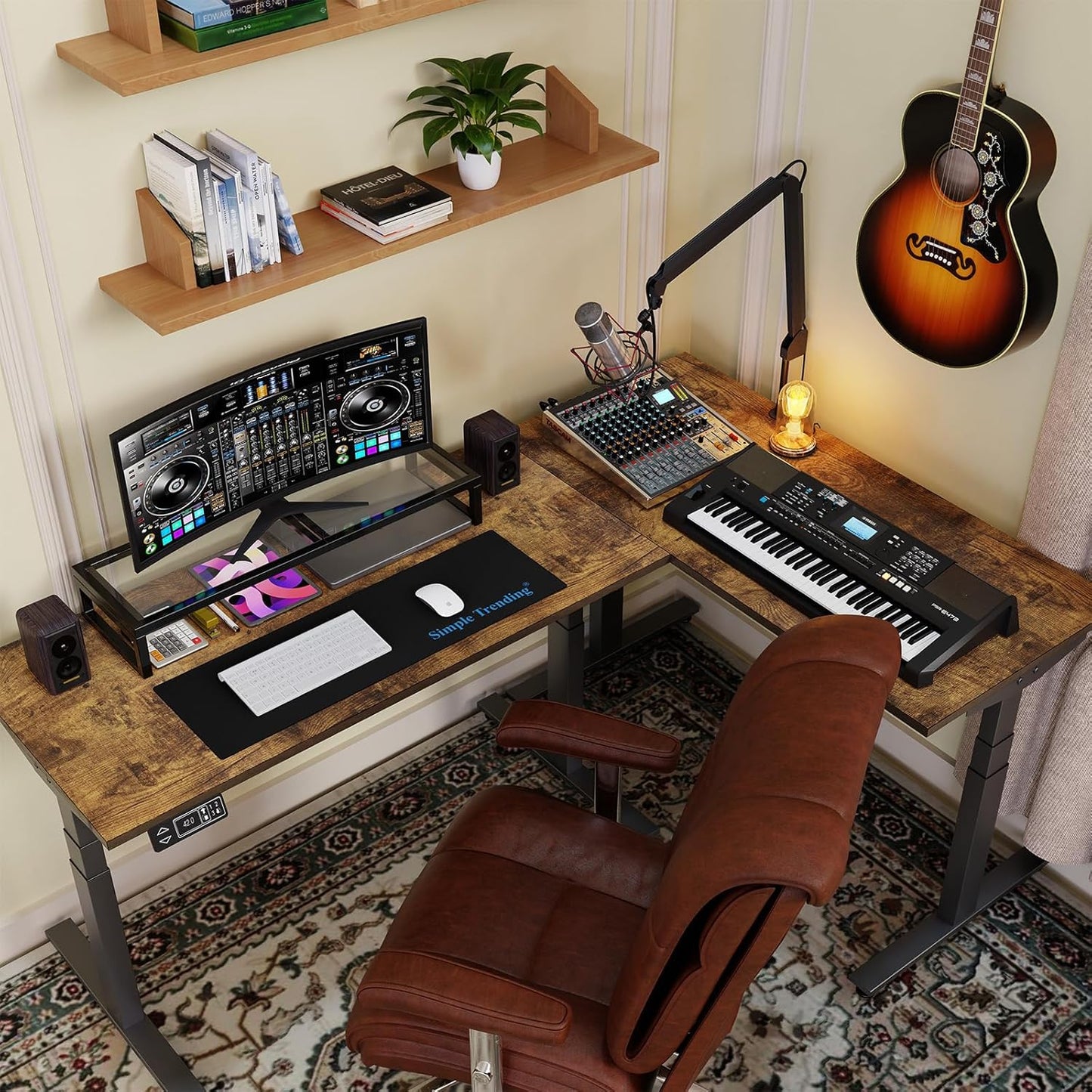 Simple Trending Dual Monitor Stand Riser, Tempered Glass Computer Desk Organizer with Mouse Pad for Laptop, iMac, TV, Black