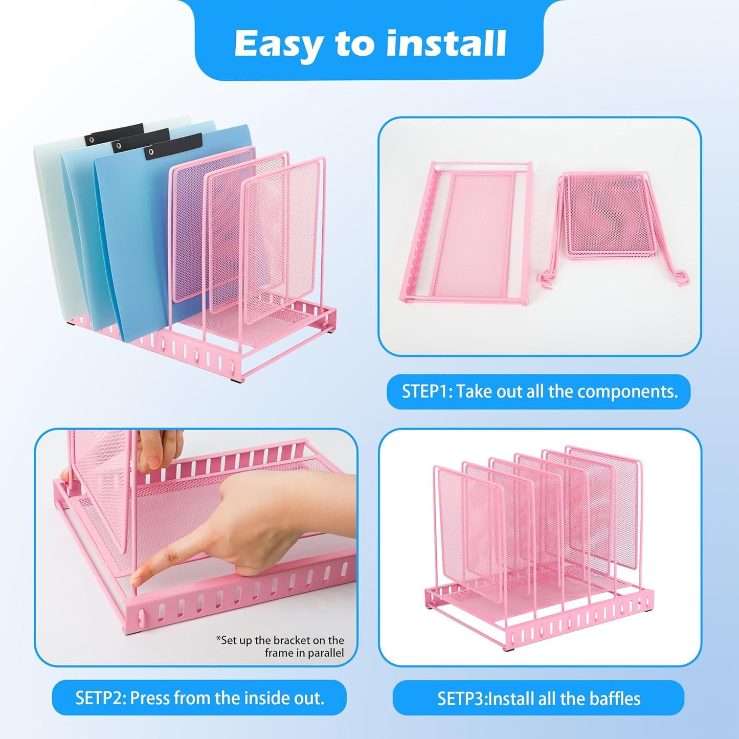 EASEPRES 5 Section Vertical Metal Mesh Desk File Organizer, Spacing Adjustable Upright Desktop Paper Mail Document Magazine Sorter Folder Holder for Workspace Office School Home, Pink