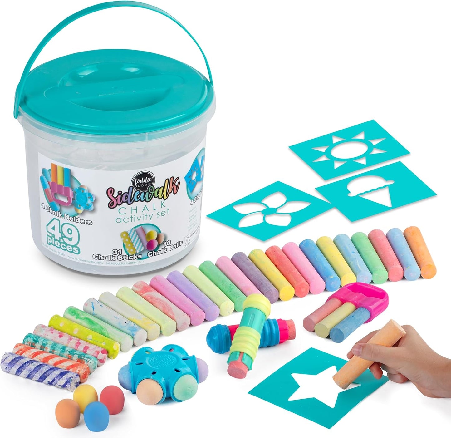 Loddie Doddie 49pc Sidewalk Chalk Bucket – Outdoor Activity Play Set for Kids, 31 Assorted Chalk Sticks, 4 Holders, 10 Ball Refills, 4 Stencils, Outdoor Water Play, Washable, Reusable Bucket