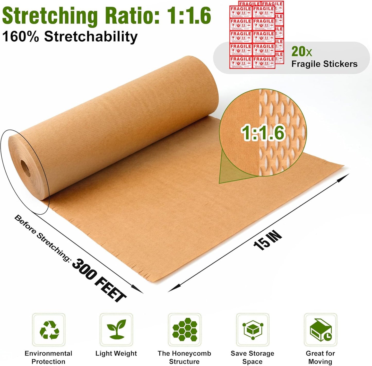 Honeycomb Packing Paper 15" Width X 300 FT for Moving Glass Dishes Recyclable Wrapping Paper Bubble Wrap Packing Material for Shipping Fragile Items Shipping Filler with 20 Fragile Stickers