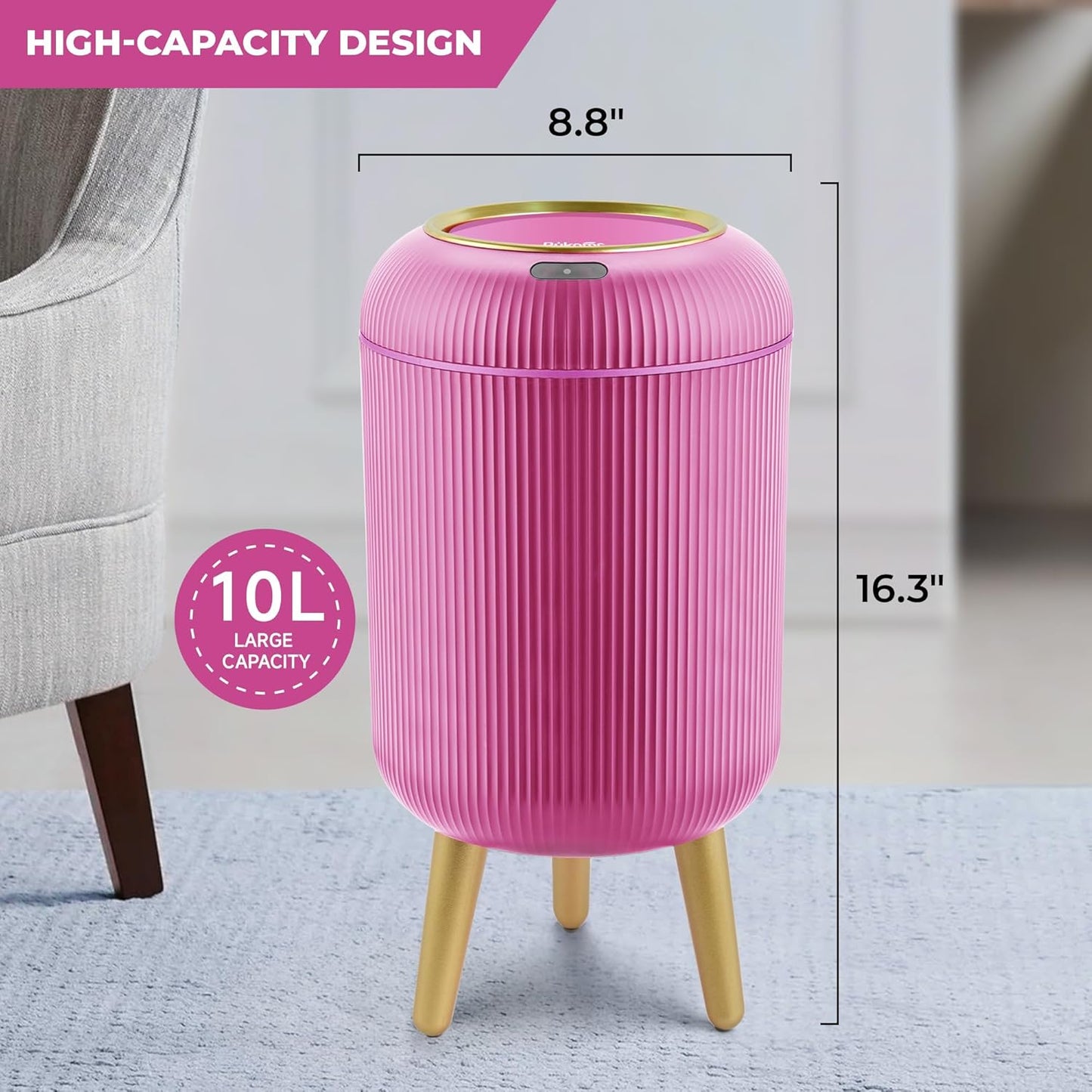 Pukomc Smart Sensor Wastebasket, Convenient and Hygienic Easy to Use, Technology Sensor Waterproof Wastebasket Plastic Trash can for Kitchen, Bathroom, Bedroom, Living Room, Office and Outdoor Pink