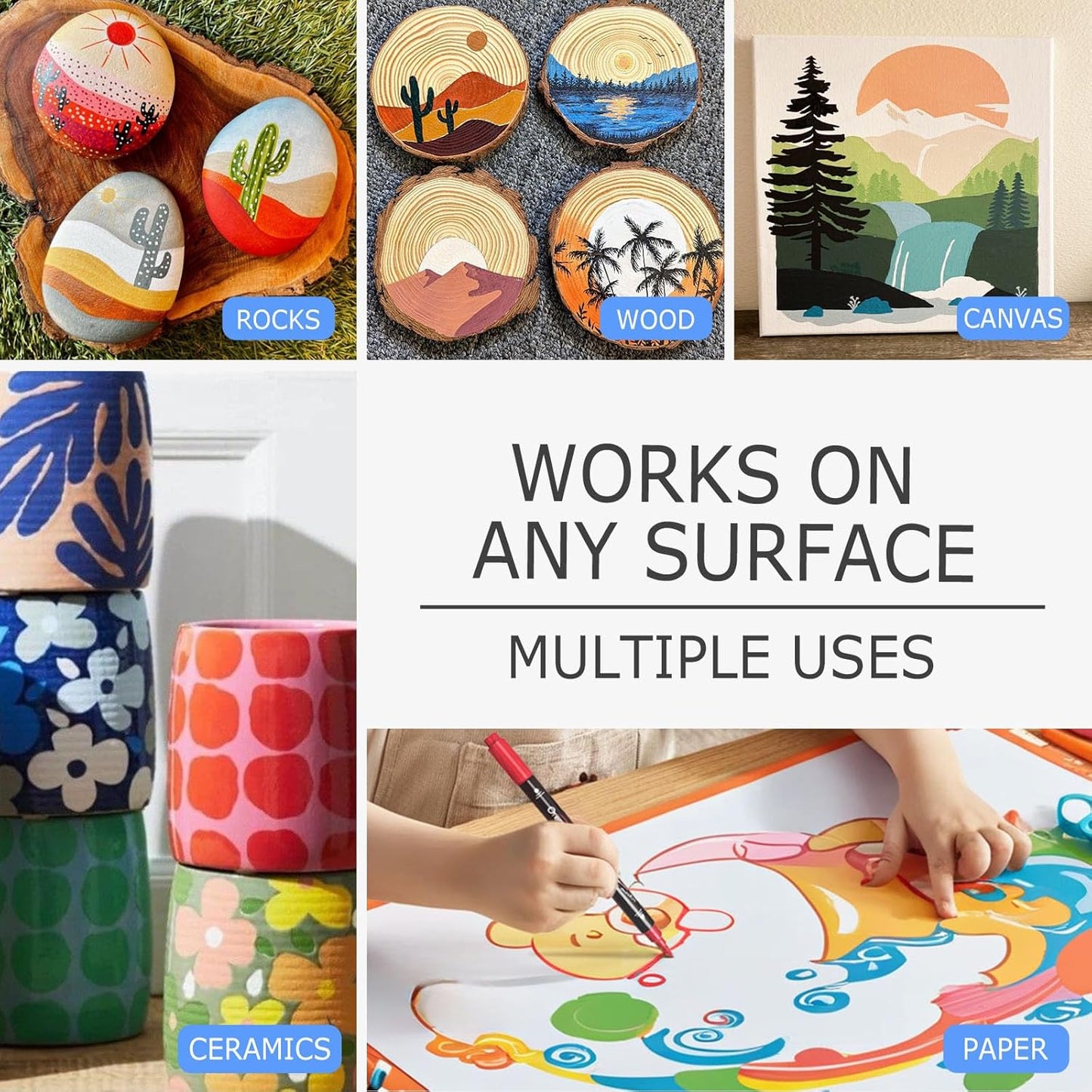 Overseas White and Black Acrylic Paint Markers, 2 Dual Tip Paint Pens Acrylic Markers with Dot and Brush Tip, Coloring Marker for Wood, Rock, Canvas, Glass, Metal, Plastic, Fabric, School Supplies