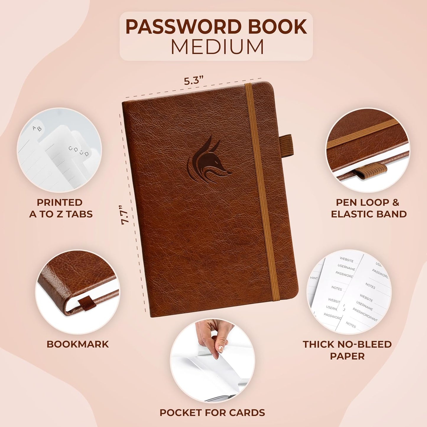 Clever Fox Password Book with alphabetical tabs. Internet Address Organizer Logbook. Medium Password Keeper for Website Logins (Brown)