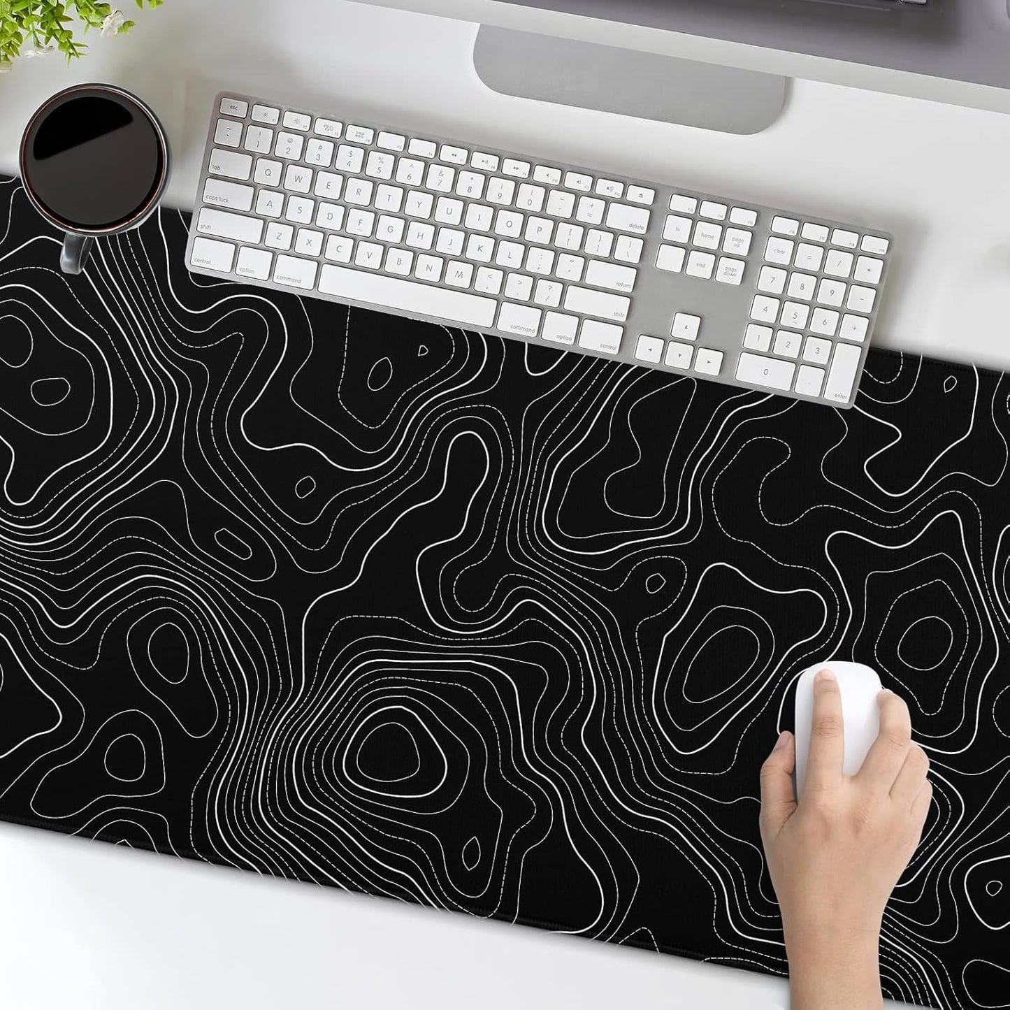 Topographic Contour Black Gaming Mouse Pad XXL Topo Geographic Map Lines Extended Large Mouse Pad Big Desk Mat Non-Slip Rubber Base Stitched Edge Long Mousepad for Desktop Office Desk,35.4 x 15.7 in