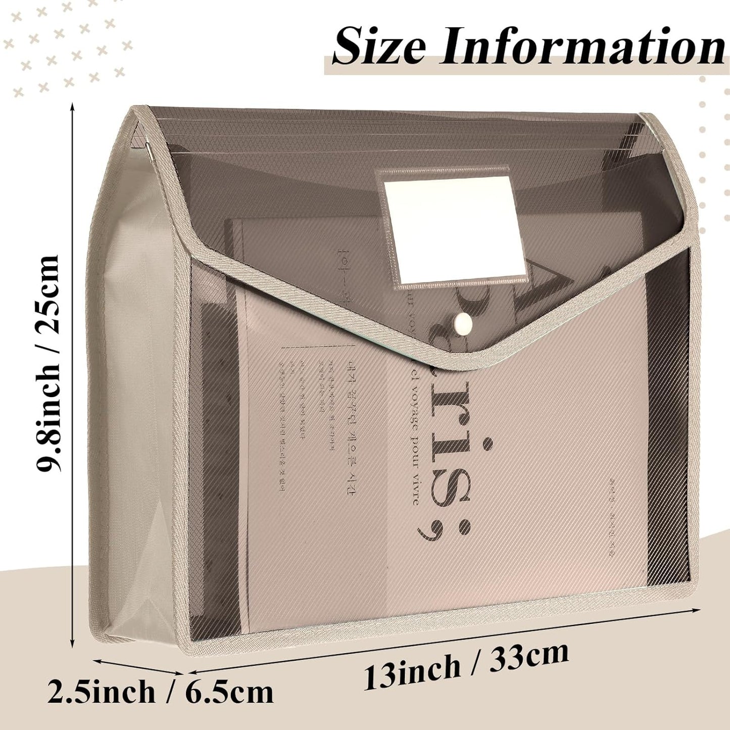 10 Pieces Plastic File Folders Envelope Expanding File Wallet Organizer Documents Folder with Snap Closure and Pocket, A4 Size Waterproof Transparent Pouch(Khaki,Horizontal)