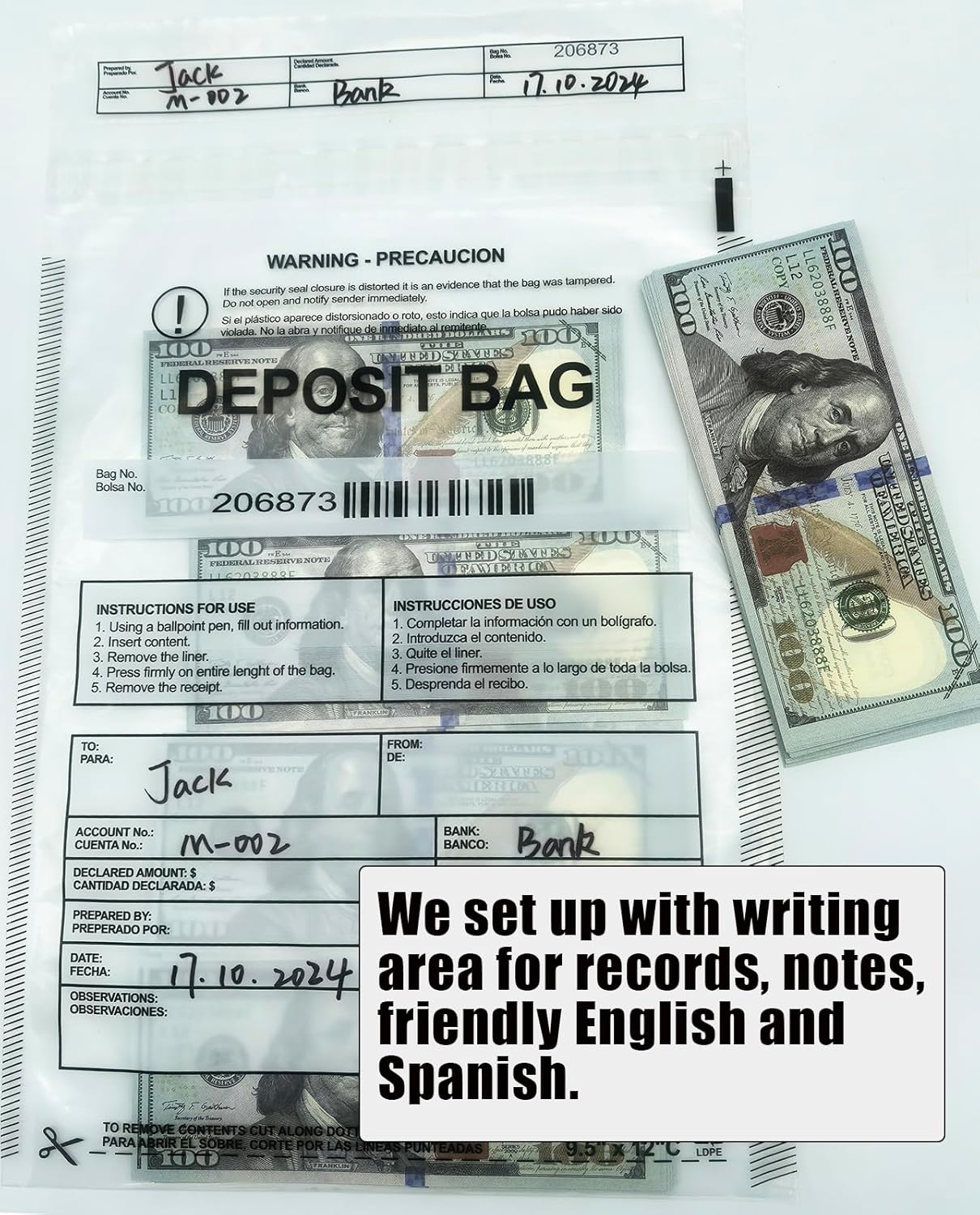 Plastic Deposit Bags 100-Pack Clear 9.5''x 15'', Security Bank Deposits Cash register Money bag for Cash,Bank Pocket,Tamper-Evident,Unique Barcode
