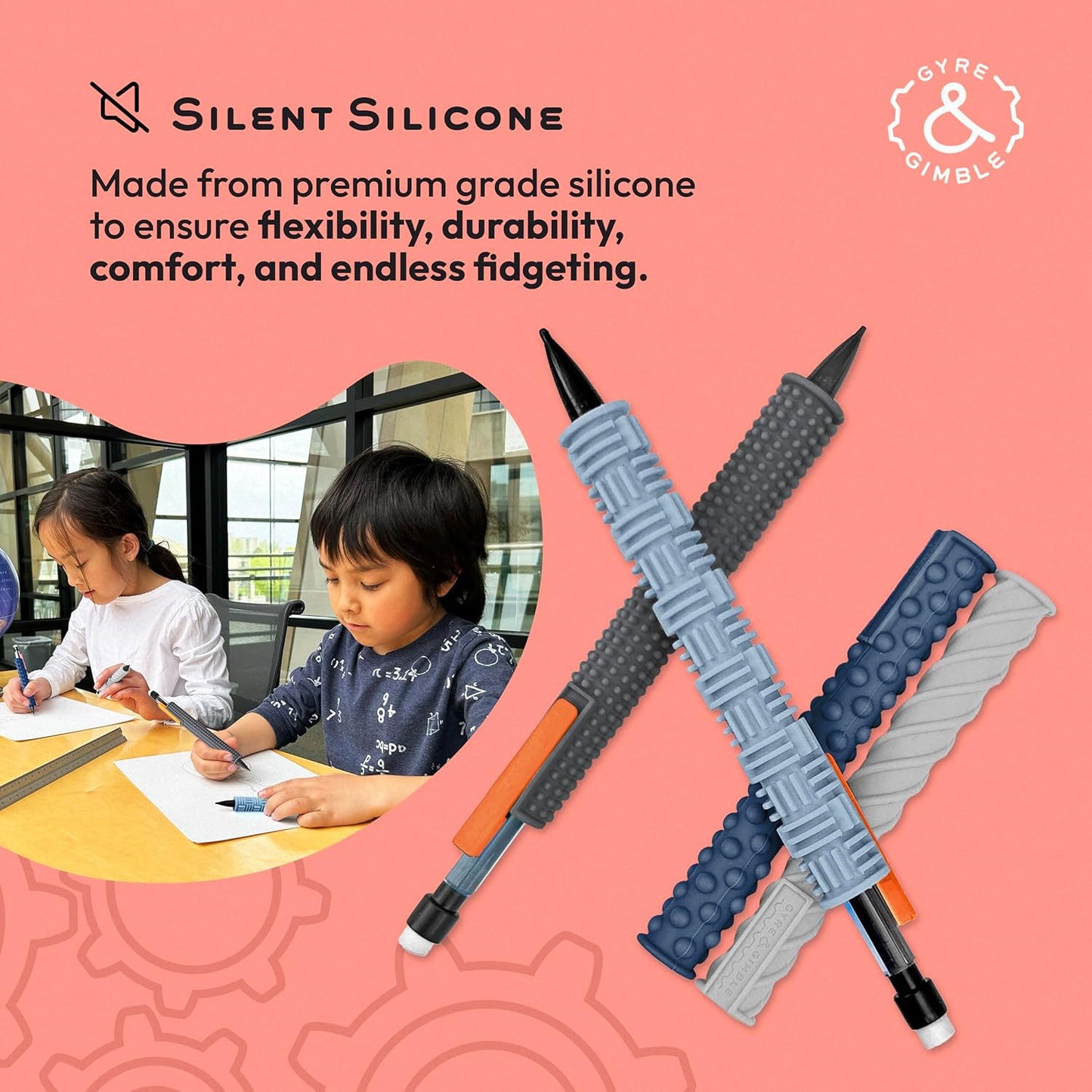 Gyre & Gimble Pencil Gidgets – Textured Silicone Pencil Sleeve for Quiet Fidgeting – Transform Your Mechanical Pencil into a Sensory ADHD Tool for Kids and Adults – 4 Sleeves & 2 Pencils - Gray
