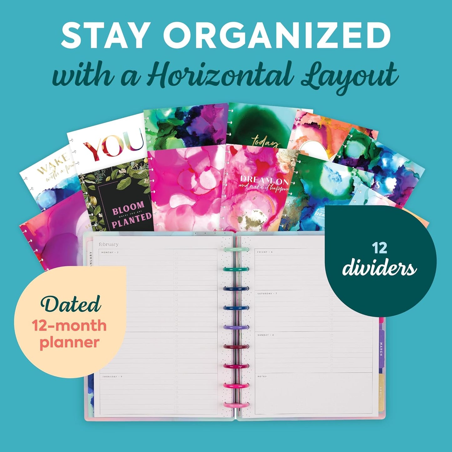 Happy Planner Disc-Bound Planner Jan.–Dec. 2026, Includes 3 Extra Months and 2 Sticker Sheets, Classic Size, 7" x 9.25", Horizontal Layout, Live in Color