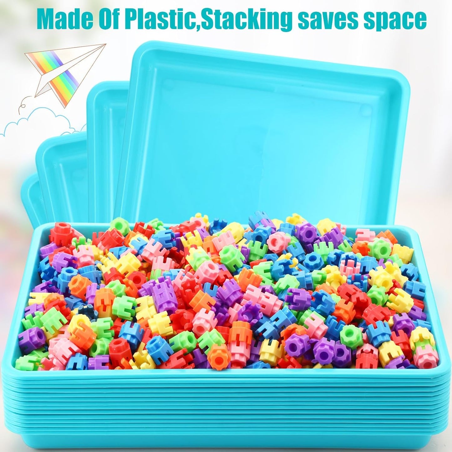Maitys 15 Pcs Flat Plastic Trays 16.1 x 11.8'' Sensory Storage Tray Paper Stackable Classroom Bins for Office Home Organizer Arts and Crafts Supplies(Mint Green)