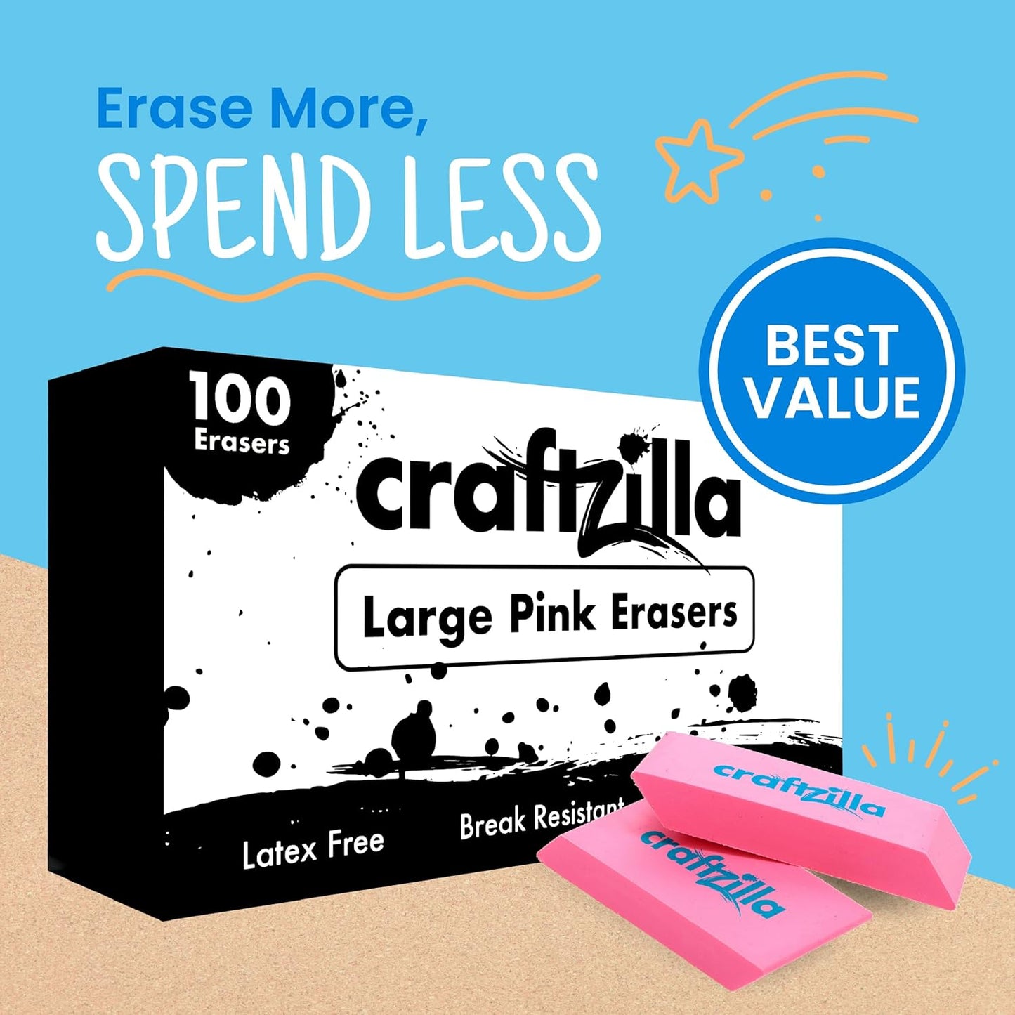 Pink Erasers Bulk 100 Pack - Large Latex- Free Bulk Erasers for Kids, Classroom, and School Supplies - Ideal for Pencils and Drawing - Teacher Supplies - Borradores Escolares