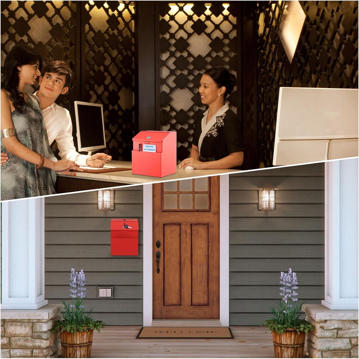 KYODOLED Suggestion Box with Lock and 50 Free Suggestion Cards, Metal Wall Mounted Ballot, Donation and Collection Key Drop Box with Slot & 2 Keys, 8H x 5.7W x 7L Inch, Red