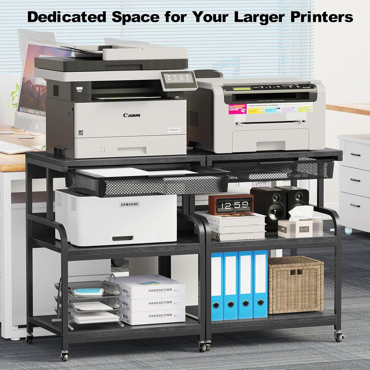 EasyCom 23.6''x18.9'' Extra Large Printer Stand with Drawer, 5-Adjustable Heights 3 Tier Table with Wheels, Rolling Printer Cart with Storage for Printer Scanner Fax Home Office Use