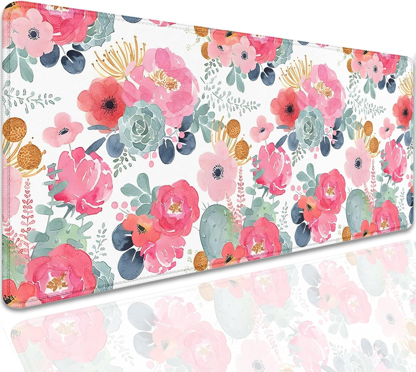 Watercolor Flowers Desk Pad Mouse Pad,Large Floral Mouse Mat with Stitched Edges,Non-Slip Rubber Base Mousepad for Office PC Keyboard Laptop and Home Work Desk Mat(27.5X11.8 in)