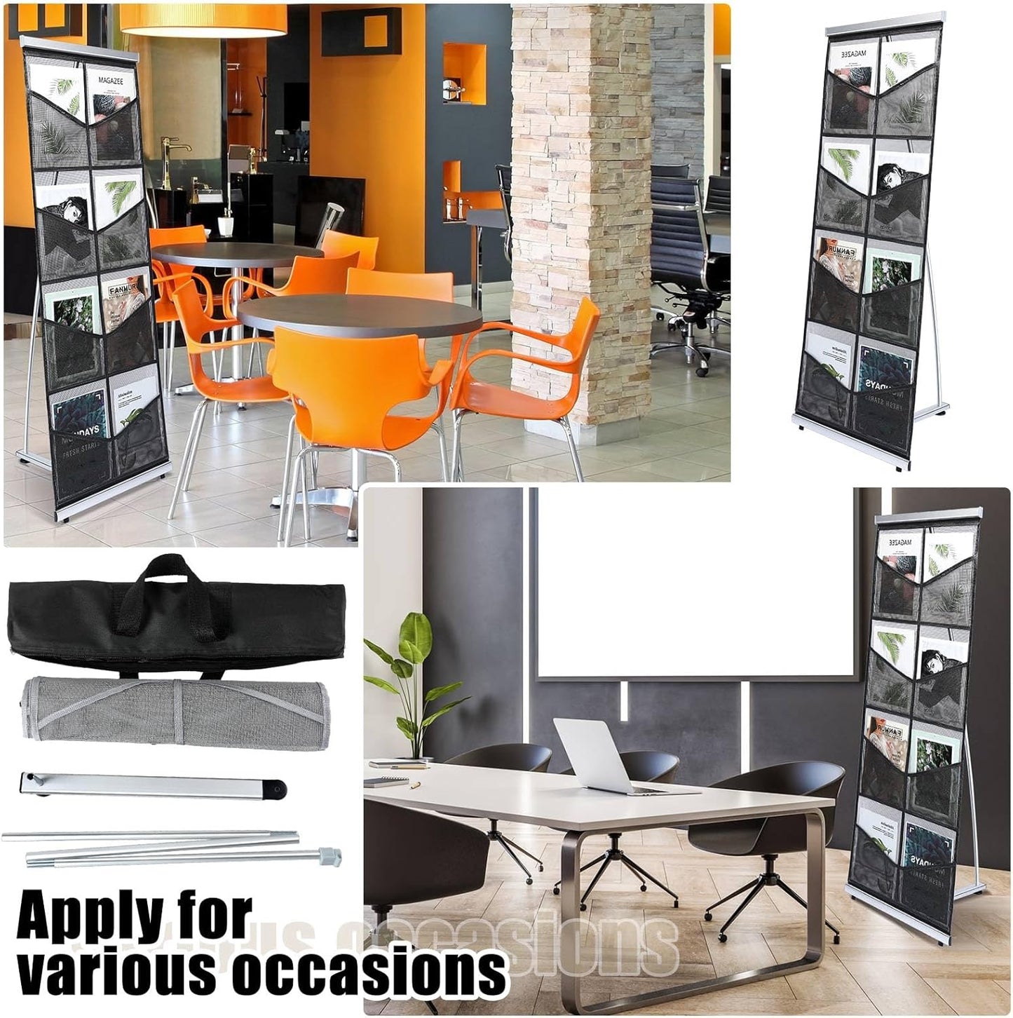 Outus Mesh Literature Brochure Holder with 8 Pocket Portable Magazine Display Roll Up Magazine Rack Lightweight Floor Standing Catalog Office Brochure Display Stand for Business Trade Shows (Black)