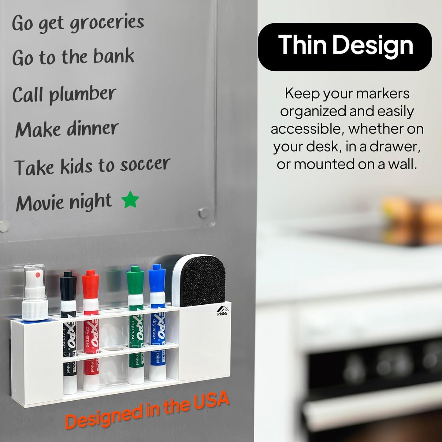 Slim Magnetic Dry Erase Marker Holder for Whiteboard, Space Saving Pen Organizer with Glass and Wall Mount Accessories for Fridge, Office, and School. (White)