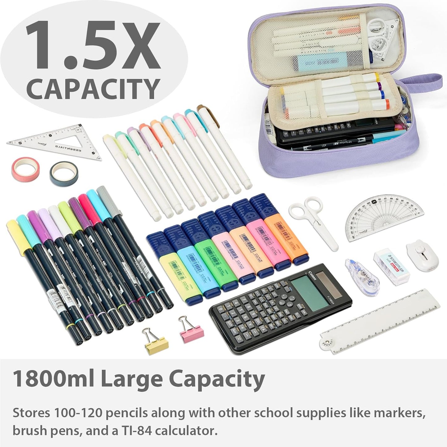 Pencil Case Pouch Box Bag School Supplies Girls Boys Kids, Cute Preppy Stuff Large Big Capacity Aesthetic Pen Organizer, Back to College Stationary, Light Purple, Standard Stlye, 1800ml