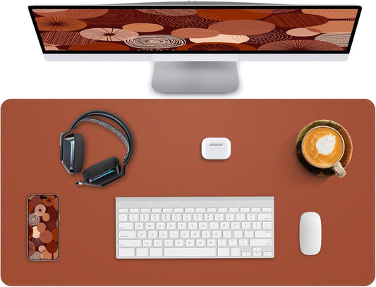 Desk Pad Mat 23.6"x13.7" - Waterproof Mouse Pad & Desk Protector, Non-Slip PU Leather for Gaming Keyboard/Mouse, Stitched Edge XL Office Desk Pad with Ergonomic Support(Brown)