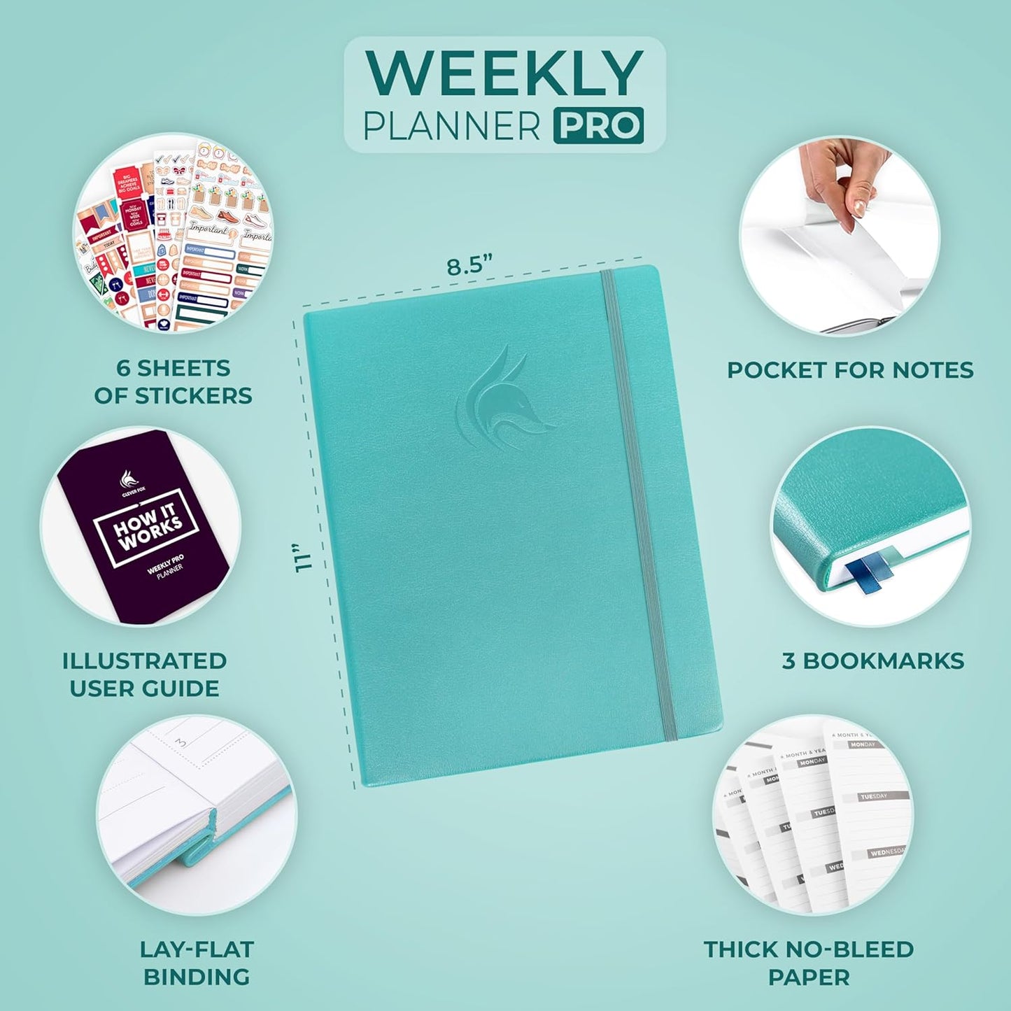 Clever Fox Planner PRO – Weekly & Monthly Life Planner to Increase Productivity, Time Management and Hit Your Goals, 8.5x11″ (Aquamarine)