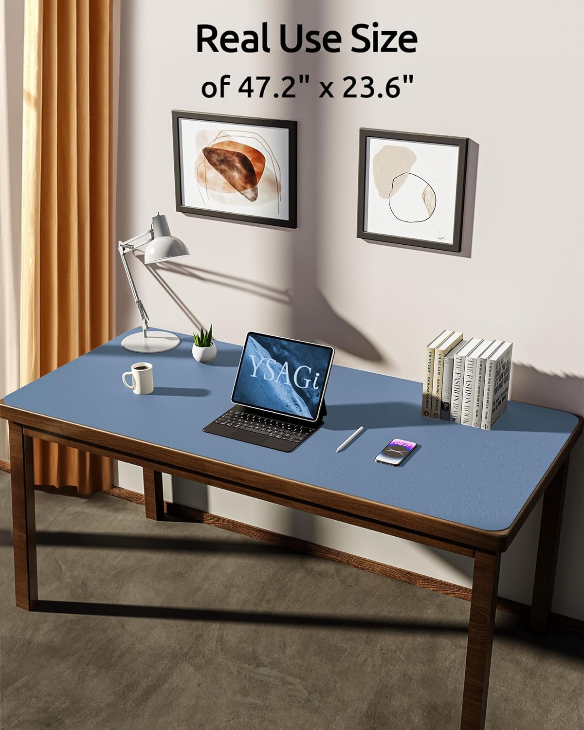 YSAGi Leather Desk Protector, Office Mat, Large Mouse Mat, Non-Slip PU Leather Blotter, Laptop Desk Pad, Waterproof Writing Pad for Office and Home (Blue, 47.2" x 23.6")