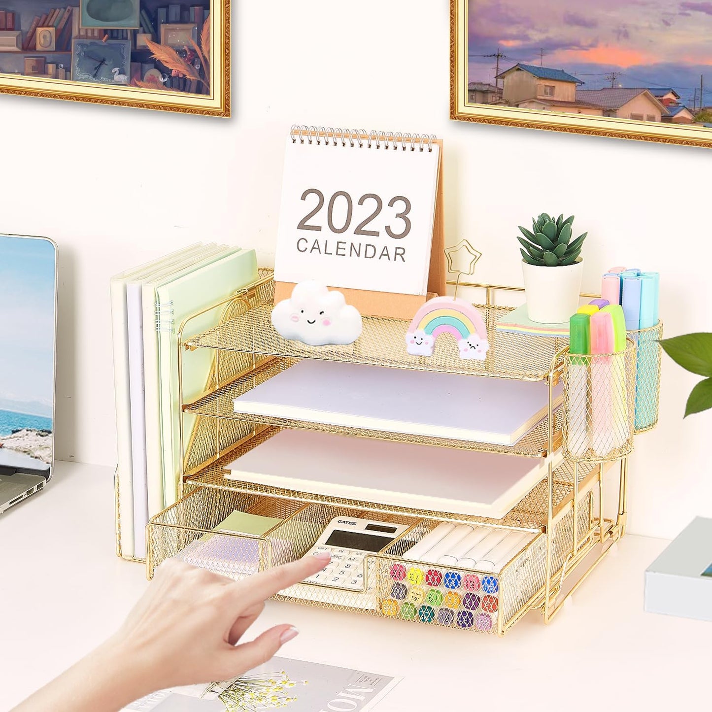 Desk Organizer and Accessories, 4-Tier Desktop File Organizer with Drawer and 2 Pen Holders, Office Desk Accessories for Office Supplies(Gold)