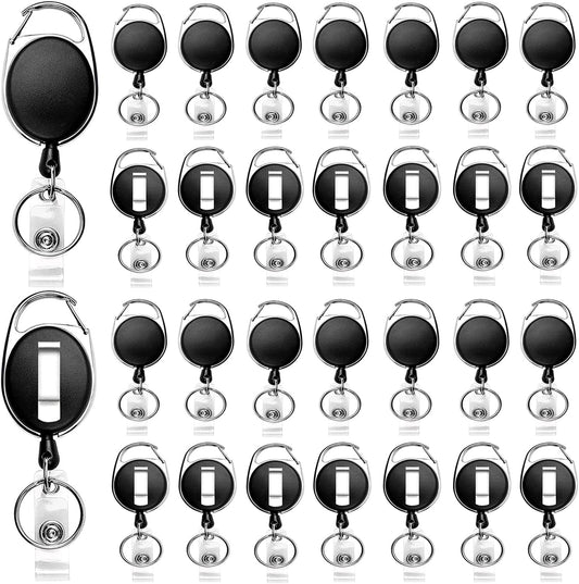 30 Packs Heave Duty Badge Reels Retractable with Carabiner Belt Clip and Key Ring, Badge Holders for ID Card Name Keychain(Black, 26.5 Inch Pull Cord)