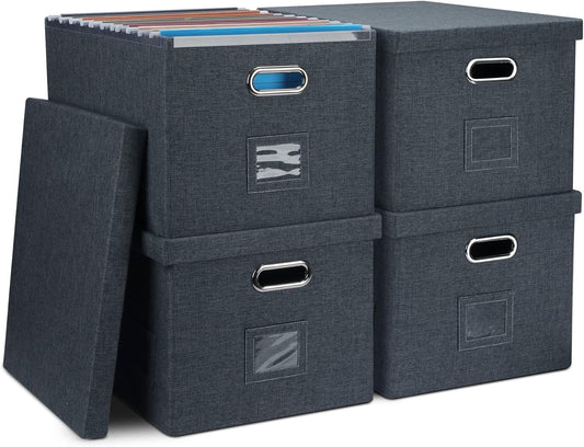 File Organizer Box, Decorative Storage Filling Box with Lid for Letter Legal Size Hanging Folders Collapsible Linen File Folder Box Office Document Storage Filing Bin, Dark Gray 4 Pack