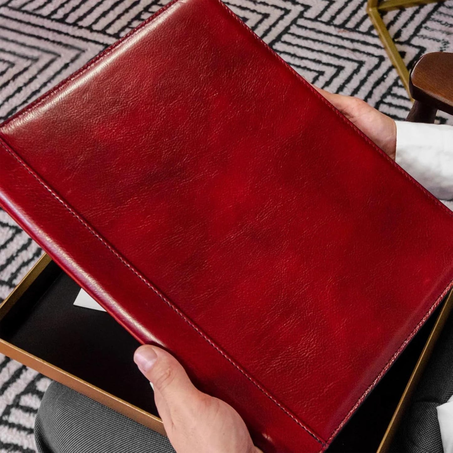 Time Resistance Leather Portfolio - A4 Document Folder - Italian Handcrafted Padfolio Organizer (Red) - Gift Box Included