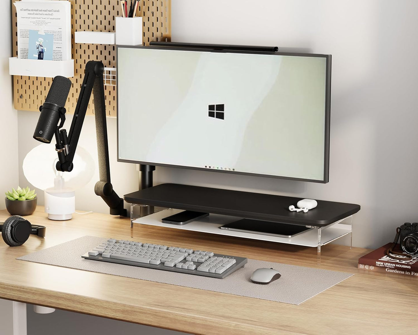 Fenge Acrylic Monitor Stand Riser, 23.6 Inches Monitor Stand with Metal Storage, 2 Tier Acrylic Computer Riser for Desk, Clear Laptop Stand for PC, Laptop, Printer, TV