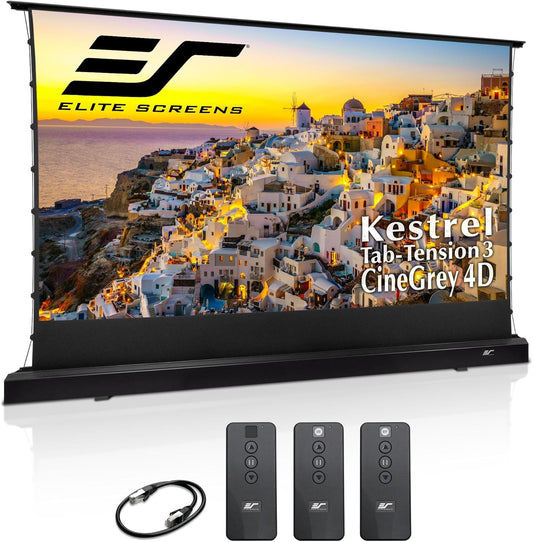 Elite Screens Kestrel Tab-Tension 3 CineGrey 4D, 150 inch 16:9, Standard Throw ISF Ceiling Ambient Light Rejecting (CLR/ALR) Electric Floor-Rising Projector Screen, Programmed Remote Kit, FTE150H3-C4D