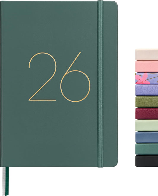 And Per Se 2026 Planner-Daily, Weekly & 15-Monthly Leather Hardcover Planner, 5.7" x 8", Daily Schedule, Monthly Tabs, 100 GSM Thick Paper, Back Pocket(Green)