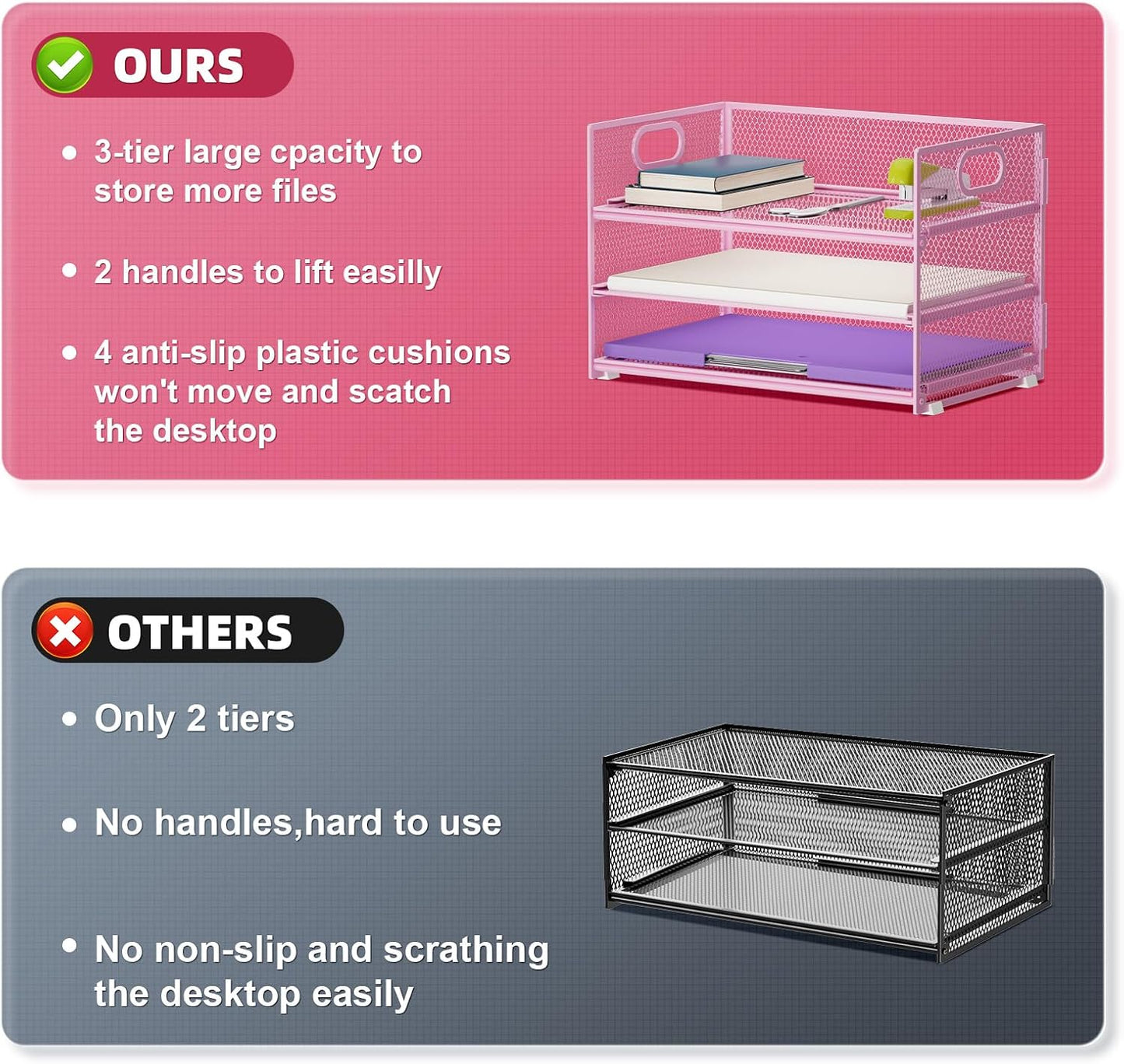 Marbrasse 3 Tier Paper Organizer Letter Tray, Mesh File Organizer with Handle, Paper Sorter Desk Organizer for Home Office Supplies - 2p Pink