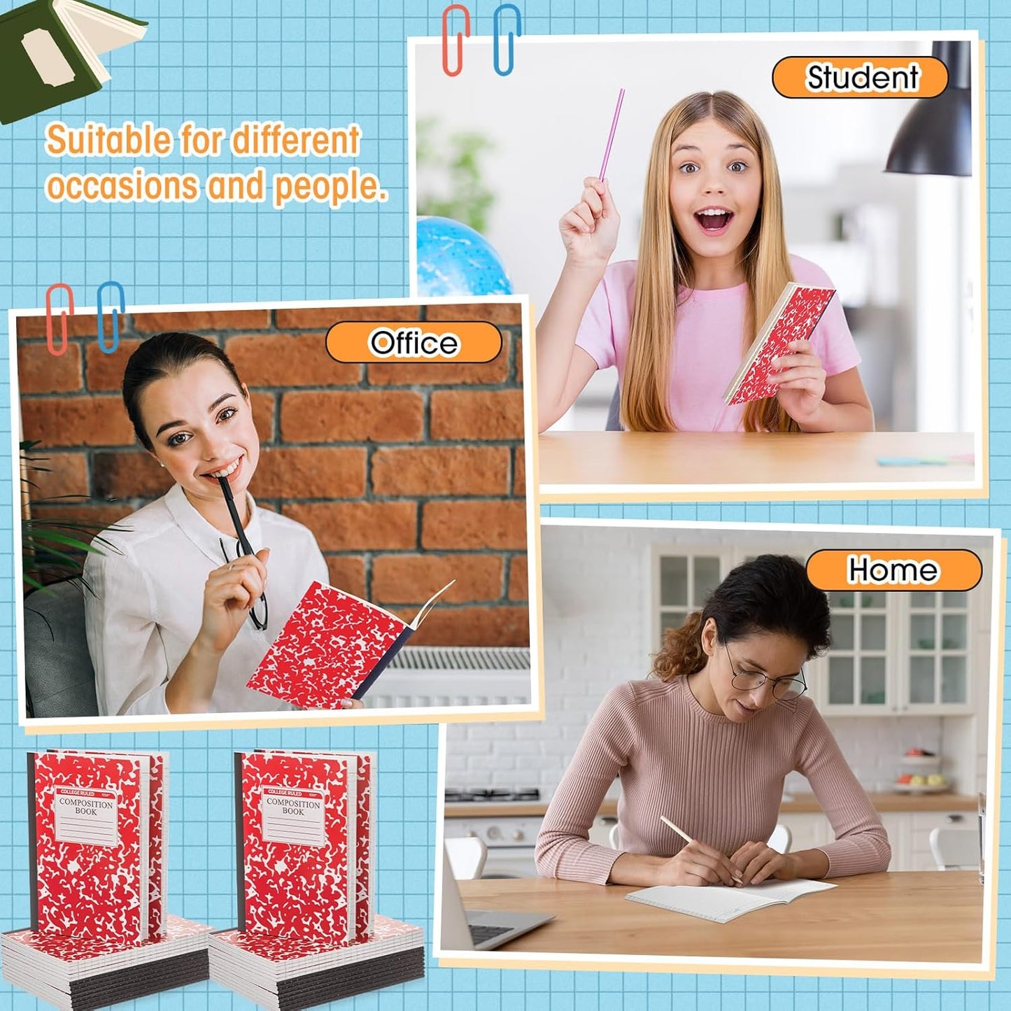 Fainne 100 Pack A5 Composition Notebooks Bulk College Ruled Composition Notebooks Marble Covers Notebook for Student Classroom Office Supplies 30 Sheet/60 Page(Red)